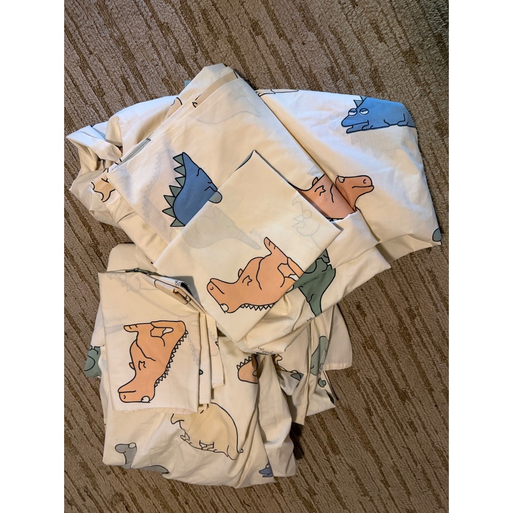 VTG 2 sets  1986 Sandra Boynton for Martex Dinosaur Sheet Set Percale Cream 80s